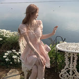 Summer Chiffion Elegant Midi Dress Women Kawaii Clothing Short Sleeve Beach Style Party Dress Office Lady pink dress