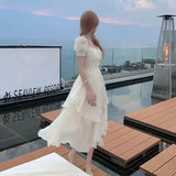 Summer Chiffion Elegant Midi Dress Women Kawaii Clothing Short Sleeve Beach Style Party Dress Office Lady pink dress