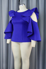 Pbong - Blue Casual Solid Hollowed Out Patchwork Flounce O Neck Tops