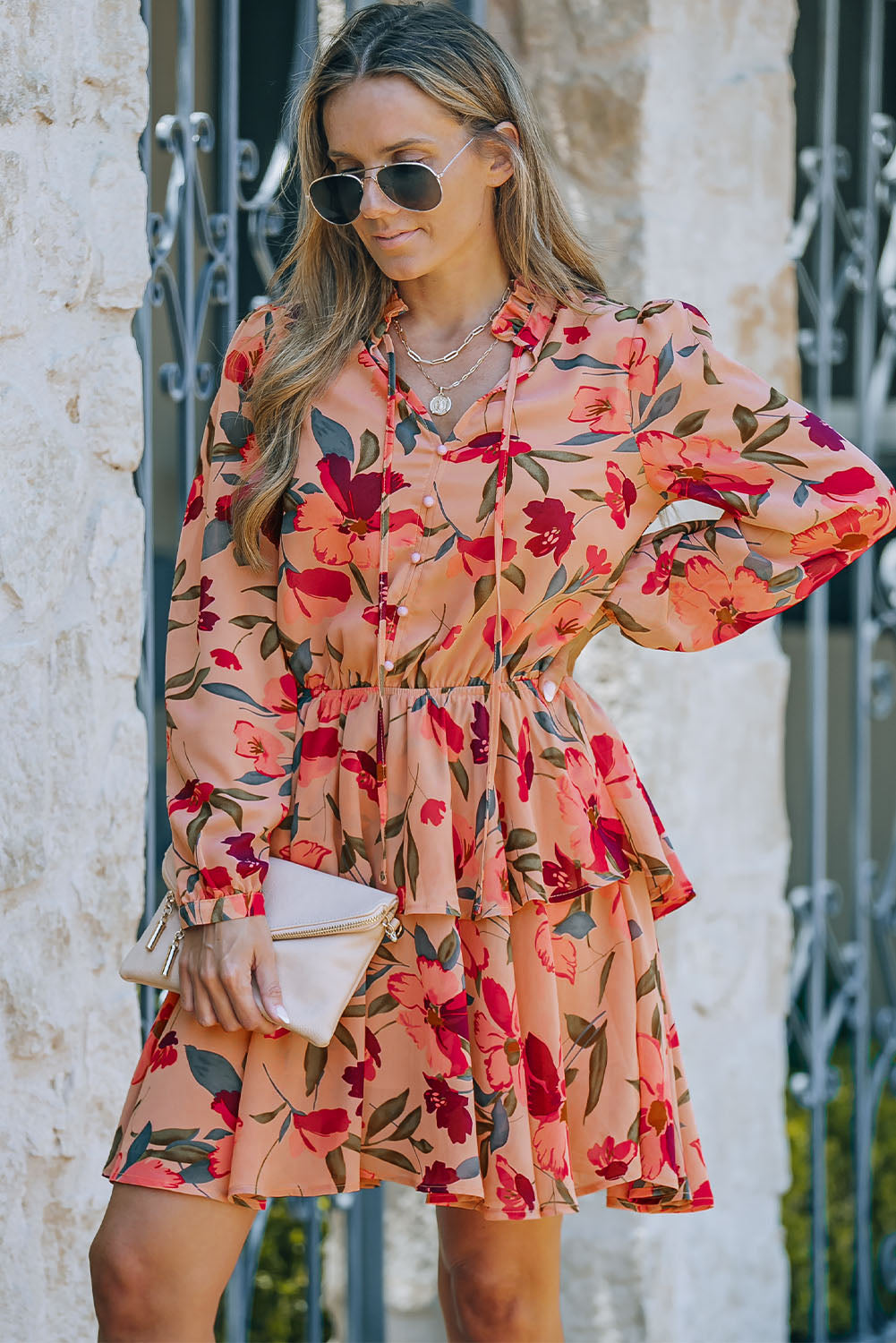 Floral Tie Neck Long Sleeve Layered Dress