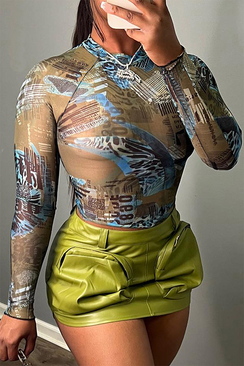 Pbong - Letter Print Sexy Street Print Patchwork O Neck Tops