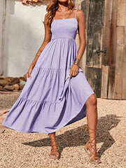 Shirred Cami Dress, Vacation Spaghetti Sleeveless High Waist Ruched Dress, Women's Clothing