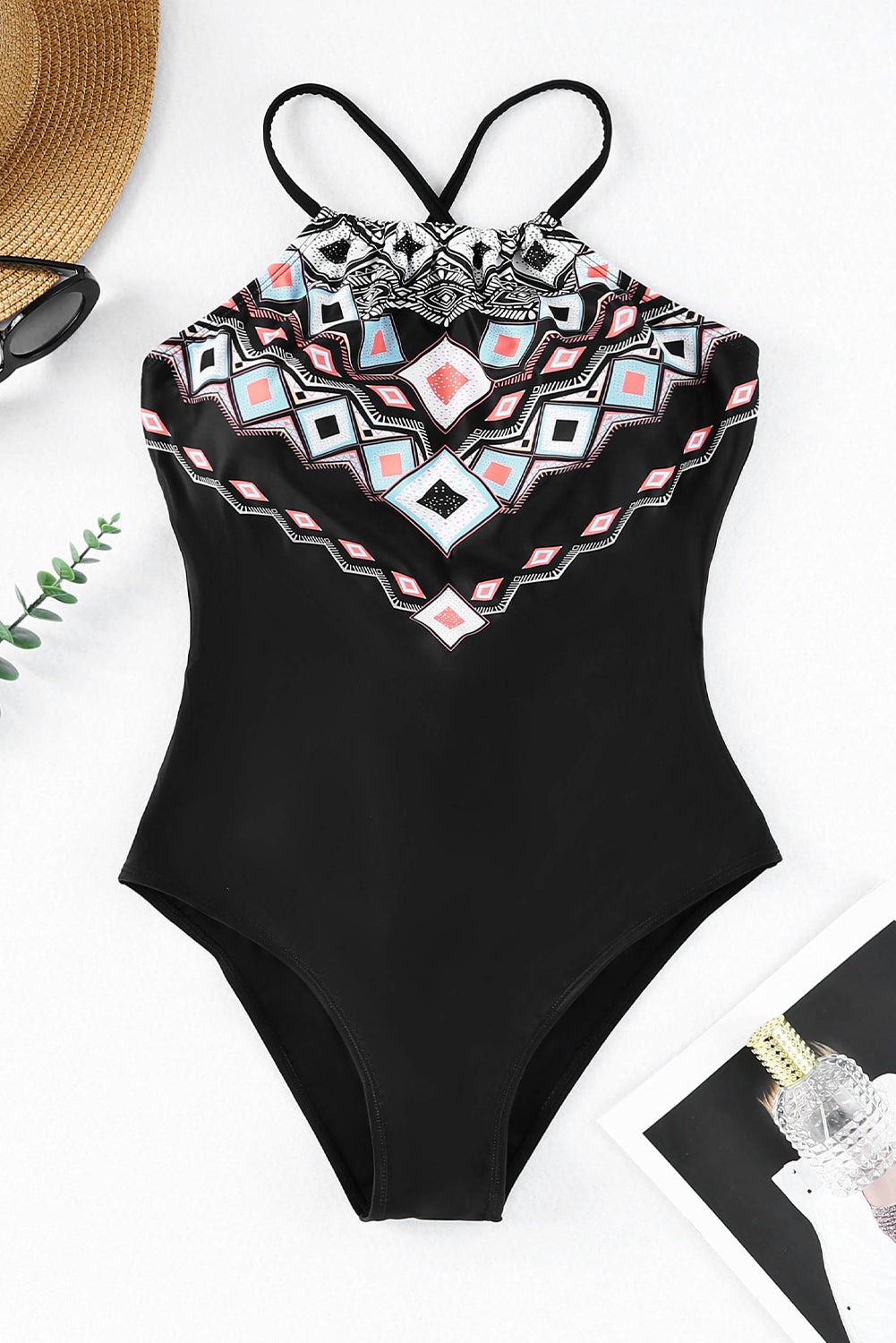 Geometric Print Tie Back One-Piece Swimsuit