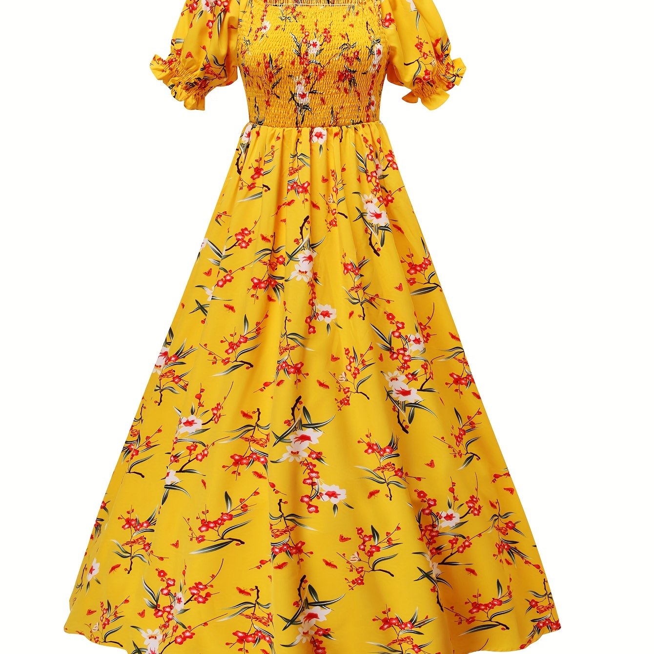 Floral Print Square Neck Shirred Dress For Spring & Summer, Elegant Short Sleeve Dress, Women's Clothing