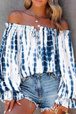 Pbong - White Blue Casual Print Patchwork Off the Shoulder Tops