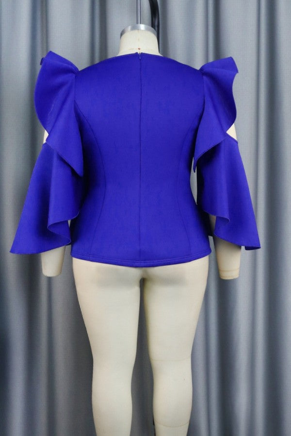 Pbong - Blue Casual Solid Hollowed Out Patchwork Flounce O Neck Tops