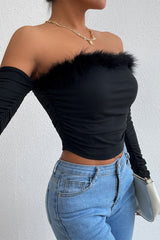 Pbong - Black Sexy Elegant Solid Feathers Off the Shoulder Tops