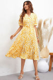 Floral Collared Neck Puff Sleeve Midi Dress