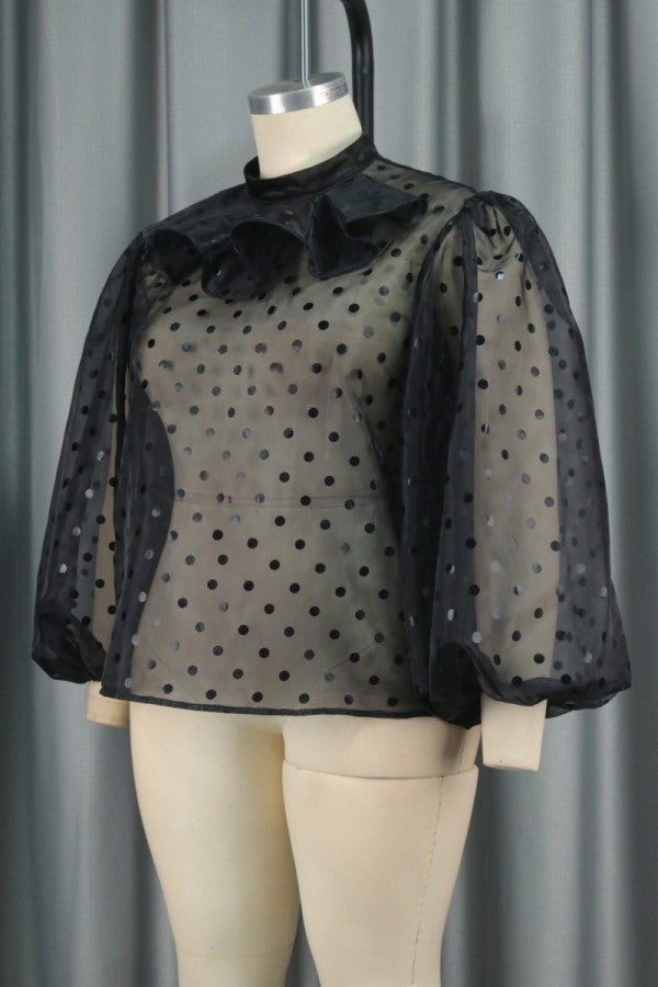 Pbong - Black Casual Dot Patchwork See-through Half A Turtleneck Tops