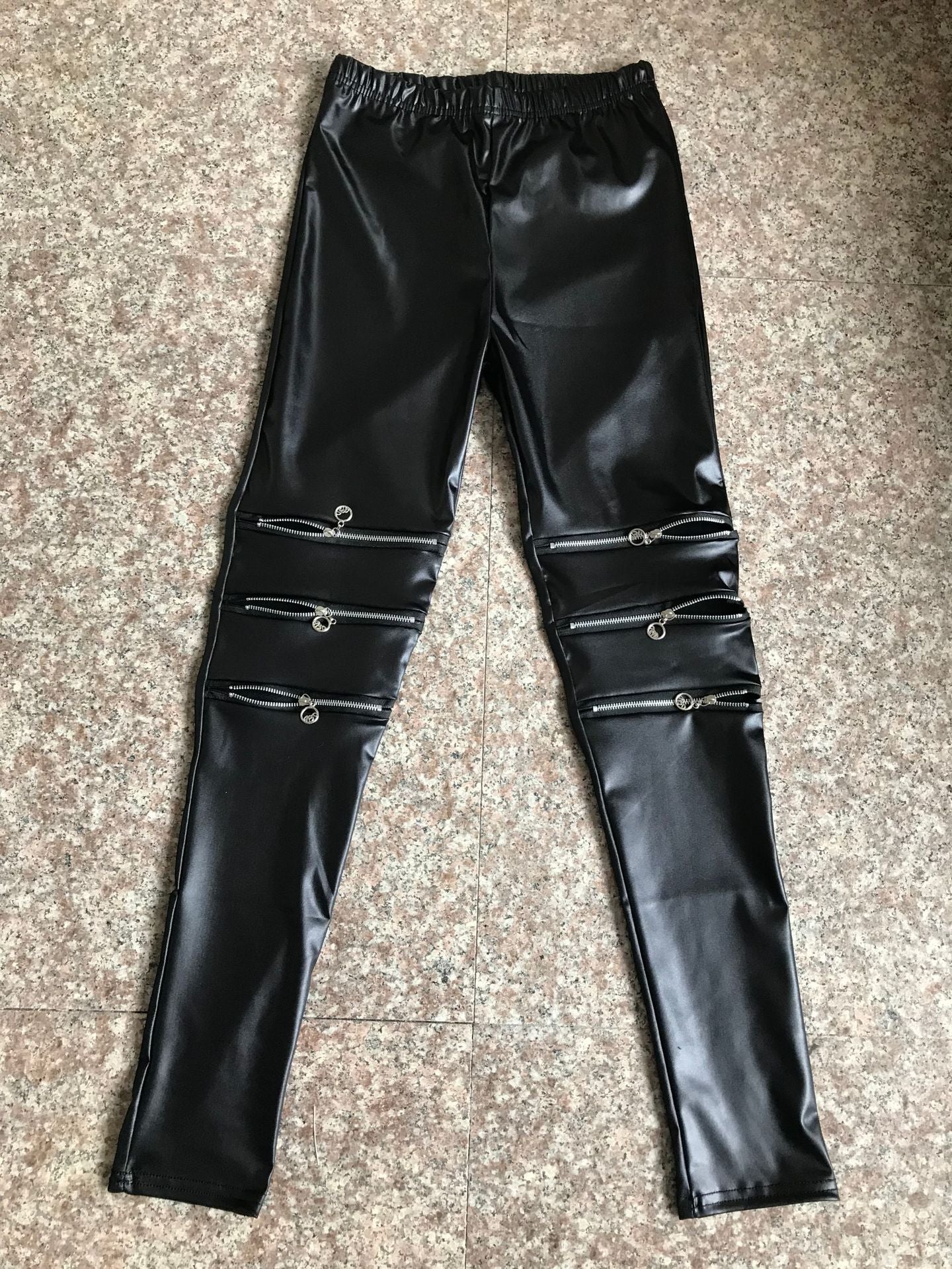 Size code high elastic knee three zipper faux leather nine points leggings women's pencil pants