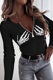 Pbong - Black Casual Print Patchwork Zipper V Neck Tops