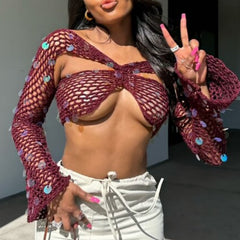 Pbong - Burgundy Sexy Solid Hollowed Out Sequins V Neck Tops