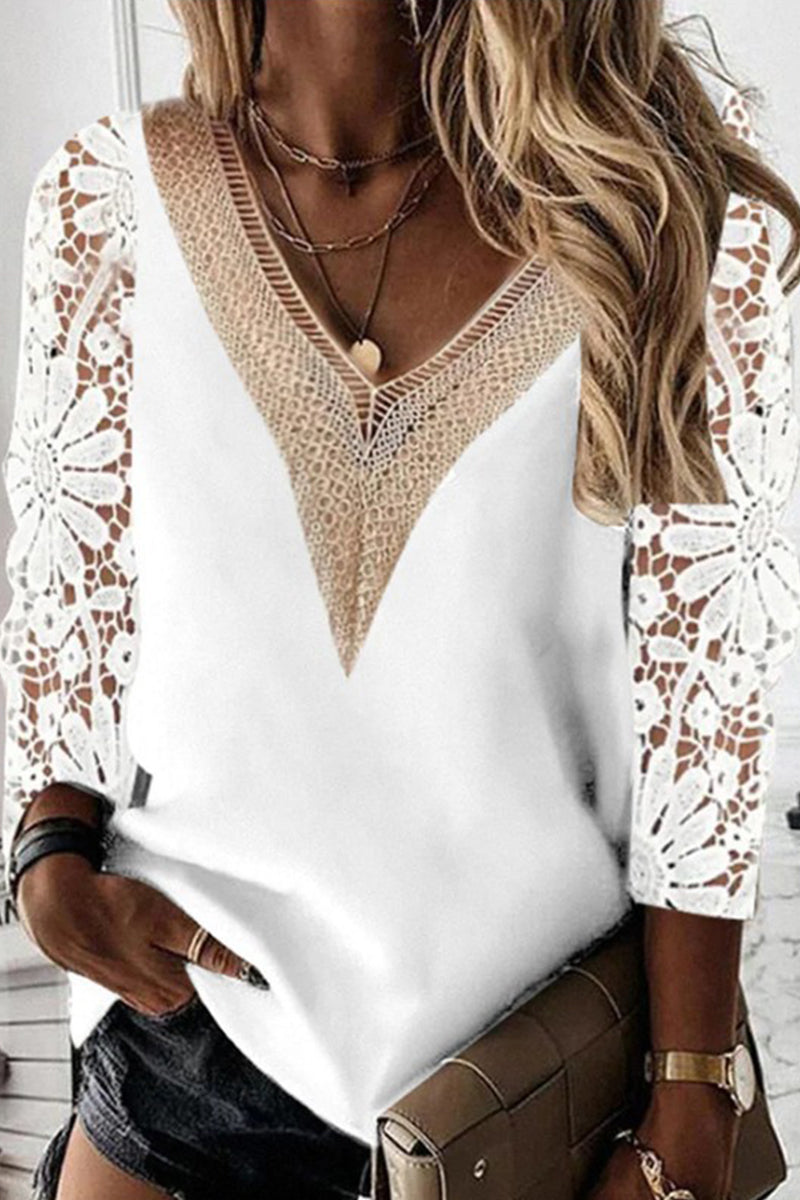Pbong - White Sweet Elegant Solid Lace Hollowed Out Patchwork Pullovers V Neck Tops