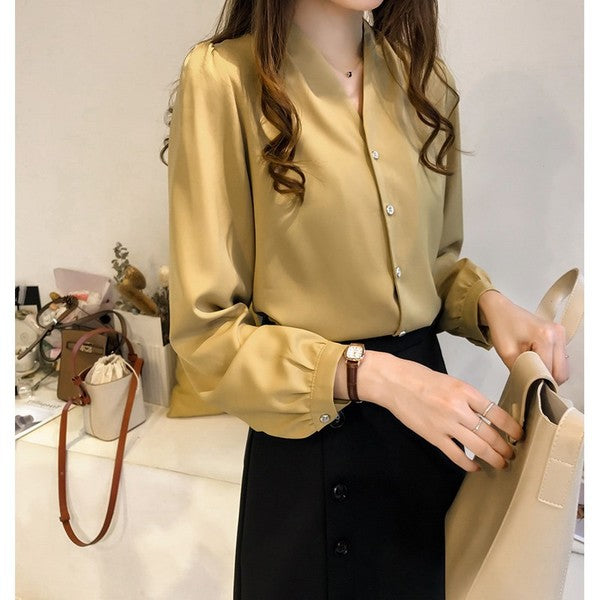 autumn new women's clothing simple temperament solid color chiffon shirt women's long-sleeved top loose Korean style shirt