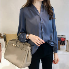 autumn new women's clothing simple temperament solid color chiffon shirt women's long-sleeved top loose Korean style shirt