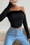 Pbong - Black Sexy Elegant Solid Feathers Off the Shoulder Tops