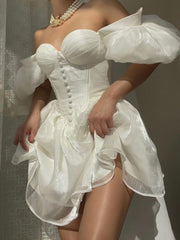 Mesh Corset Mini A Line Dresses Skims White Off Shoulder Summer Sexy Folds Puff Sleeve Women Elegant Evening Vestidos