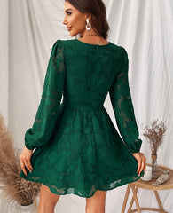 Plunge A-Line Mini Dress Woman Green Sexy Long Sleeve Party Dress Spring Autumn Female Sundress