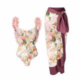 Printed Petal Straps One-Piece Swimsuit and Cover-Up Women's Summer Swiming Suit Luxury Shorts Bourkini Swimwear Patchwork