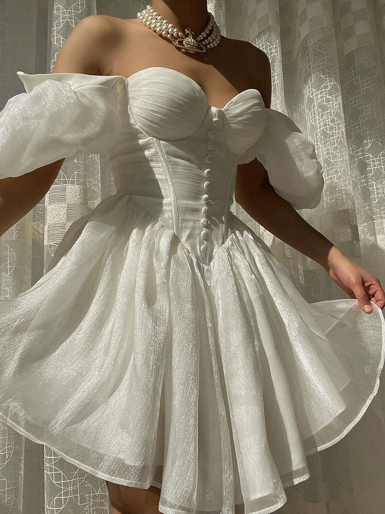 Mesh Corset Mini A Line Dresses Skims White Off Shoulder Summer Sexy F – Pbong