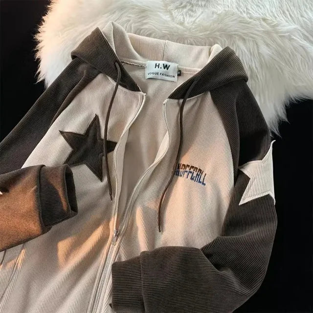 Patch Corduroy Cardigan Coat For Men And Women Y2k Street Retro Leisure Lazy Wind Joker Goth Couple Sweater Hoodie