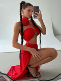 Articat  Flower Decoratio Lace Wrap Chest Sexy Temperament Split Longuette Summer Women's NewDress Evening Two-Piece Dress