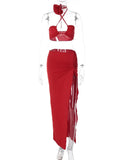 Articat  Flower Decoratio Lace Wrap Chest Sexy Temperament Split Longuette Summer Women's NewDress Evening Two-Piece Dress
