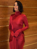 Articat High Neck Long Sleeve Bodycon Dress For Women Tight Elastic Lace Up Maxi Long Dress Autumn New Party Club Vestidos