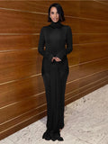 Articat High Neck Long Sleeve Bodycon Dress For Women Tight Elastic Lace Up Maxi Long Dress Autumn New Party Club Vestidos