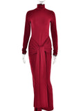 Articat High Neck Long Sleeve Bodycon Dress For Women Tight Elastic Lace Up Maxi Long Dress Autumn New Party Club Vestidos