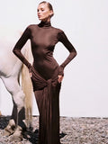 Articat High Neck Long Sleeve Bodycon Dress For Women Tight Elastic Lace Up Maxi Long Dress Autumn New Party Club Vestidos