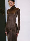 Articat High Neck Long Sleeve Bodycon Dress For Women Tight Elastic Lace Up Maxi Long Dress Autumn New Party Club Vestidos