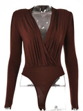 Articat V Neck Brown Bodysuit Women Autumn Long Sleeve Top Bodies Sexy  Female Overalls Casual Bodycon Bodysuits