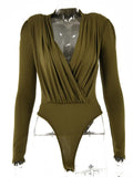 Articat V Neck Brown Bodysuit Women Autumn Long Sleeve Top Bodies Sexy  Female Overalls Casual Bodycon Bodysuits