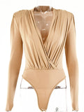 Articat V Neck Brown Bodysuit Women Autumn Long Sleeve Top Bodies Sexy  Female Overalls Casual Bodycon Bodysuits