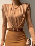 Articat V Neck Brown Bodysuit Women Autumn Long Sleeve Top Bodies Sexy  Female Overalls Casual Bodycon Bodysuits