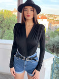 Articat V Neck Brown Bodysuit Women Autumn Long Sleeve Top Bodies Sexy  Female Overalls Casual Bodycon Bodysuits