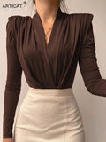 Articat V Neck Brown Bodysuit Women Autumn Long Sleeve Top Bodies Sexy  Female Overalls Casual Bodycon Bodysuits