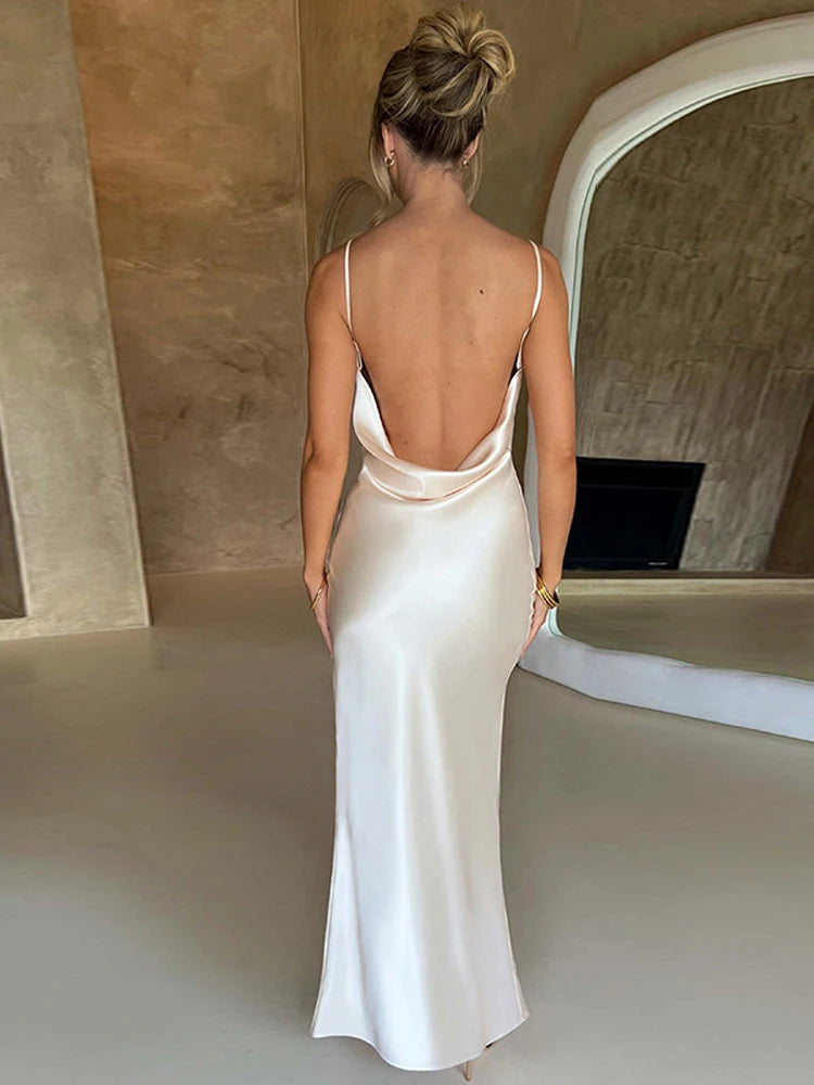 White Satin Bodycon Backless Sexy Dress Women Split Elegant Night Club – Pbong