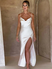 White Satin Bodycon Backless Sexy Dress Women  Split Elegant Night Club Party Dresses Summer Long Dress Vestidos