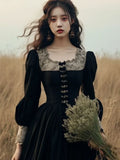 Black Gothic Hepburn Elegant Dress Female Lace Vintage Evening Party Midi Dress Women Puff Sleeve Y2k Retro Princess Dress