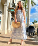 Blue Floral Embroidey Summer Beach Dress Women Casual Holiday Bohemian Dress Boho Sundress Maxi Long Vestidos Fashion Clothes