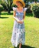 Blue Floral Embroidey Summer Beach Dress Women Casual Holiday Bohemian Dress Boho Sundress Maxi Long Vestidos Fashion Clothes