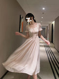 Chiffon Slim Pure Color Midi Dress Office Lady Elegant Even Party Dress Woman Casual Short Sleeve Korean Style Dress Summer