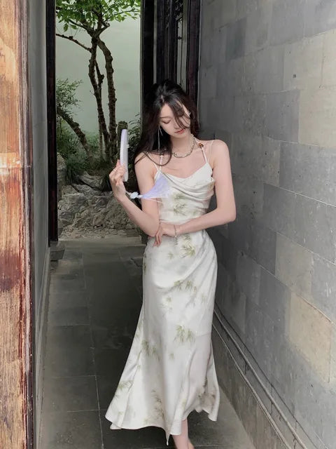 Elegant Print Midi Dresses for Women Summer New Vintage Spaghetti Straps Female Clothes Holiday Evening Party Prom Dress