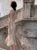 Elegant Print Midi Dresses for Women Summer New Vintage Spaghetti Straps Female Clothes Holiday Evening Party Prom Dress