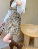 Elegant Vintage Shirt Floral Dress Women Fake Two Piece Patchwork Ruffles Chic Korean Fashion Female Dresses Autumn