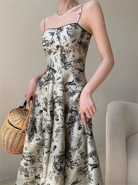 Floral Print Spaghetti Straps Dress Vintage Evening Party Slim Dresses for Women Summer New Robe Fashion Korean Clothes