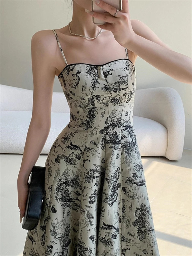 Floral Print Spaghetti Straps Dress Vintage Evening Party Slim Dresses for Women Summer New Robe Fashion Korean Clothes