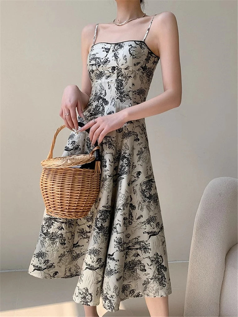 Floral Print Spaghetti Straps Dress Vintage Evening Party Slim Dresses for Women Summer New Robe Fashion Korean Clothes